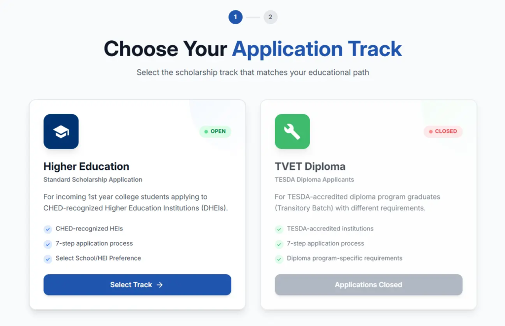 Bagong Pilipinas Merit Scholarship Program 2026 Application Guide - Choose your application Track