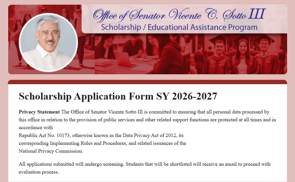 Senator Tito Sotto Scholarship Program- Scholarship Application Form SY 2026-2027
